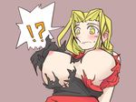  !? 1girl archer_(fft) blonde_hair blush breast_expansion breasts female final_fantasy final_fantasy_tactics henoeno huge_breasts kanenaga long_hair nipples solo surprise surprised torn_clothes wardrobe_malfunction yellow_eyes 