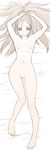  armpits arms_up bad_id bad_pixiv_id barbara barefoot blush breasts brown brown_eyes brown_hair dakimakura dragon_quest dragon_quest_vi earrings feet full_body jewelry long_hair lying mahito monochrome nipples nude on_back pussy small_breasts solo 