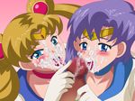  2girls bishoujo_senshi_sailor_moon blue_eyes censored cum facial fellatio mizuno_ami multiple_girls oral paroden sailor_mercury sailor_moon tiara tongue tongue_out tsukino_usagi twintails 