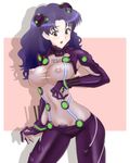  1girl blush breasts brown_eyes erect_nipples female hair_ornament katsuragi_misato long_hair midriff nakao neon_genesis_evangelion nipples open_mouth plugsuit plugsuit(cosplay) plugsuit_(cosplay) pubic_hair purple_hair see-through solo 