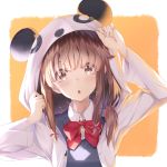  1girl :o akausuko animal_costume animal_ears azusagawa_kaede blush bow brown_eyes brown_hair cardigan commentary eyebrows_visible_through_hair eyes_visible_through_hair hair_ribbon highres hood long_hair looking_at_viewer open_mouth panda_costume ribbon school_uniform seishun_buta_yarou shirt short_hair solo 