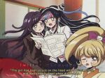  1990s_(style) 4girls bandaid bandaid_on_face bangs blonde_hair blue_hair blush bow brown_jacket brown_skirt cat_hair_ornament criis-chan danganronpa_(series) danganronpa_3_(anime) english_text eyebrows_visible_through_hair hair_bow hair_ornament holding hope&#039;s_peak_academy_school_uniform jacket koizumi_mahiru long_hair mioda_ibuki multicolored_hair multiple_girls one_eye_closed open_mouth pink_bow pink_hair pleated_skirt ponytail red_hair retro_artstyle saionji_hiyoko school_uniform shiny shiny_hair skirt subtitled teeth tsumiki_mikan twitter_username upper_teeth white_hair 