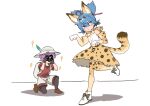  2boys animal_ears backpack bag blue_eyes blue_hair blush bow bowtie camera cat_ears cat_tail cosplay elbow_gloves eyebrows_visible_through_hair fur_collar gloves hat_feather helmet kasen_kanesada kemono_friends kneeling multiple_boys parody paw_pose pith_helmet ponytail print_bow print_bowtie purple_hair sayo_samonji serval serval_(kemono_friends) serval_(kemono_friends)_(cosplay) serval_print sparkle standing standing_on_one_leg tail taking_picture thighhighs touken_ranbu yway1101 