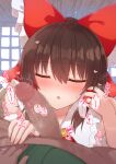  1boy 1girl :o blush bow censored closed_eyes closed_mouth erection eyebrows_visible_through_hair hair_between_eyes hair_bow hair_tubes hakurei_reimu hetero highres jewelry mosaic_censoring penis red_bow ring smelling solo_focus tksand touhou 