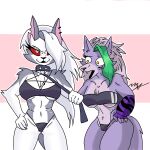  1:1 anthro canid canid_demon canine canis clothing demon duo female female/female five_nights_at_freddy&#039;s five_nights_at_freddy&#039;s:_security_breach green_hair gris_swimsuit hair hellhound helluva_boss hi_res leash leash_pull loona_(helluva_boss) mammal meme meme_clothing omegamax one-piece_swimsuit purple_body red_eyes roxanne_wolf_(fnaf) scottgames swimwear translucent translucent_clothing translucent_swimwear video_games white_hair wolf yellow_eyes 