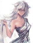  1girl alternate_costume animal_ears arknights asymmetrical_clothes breasts chinese_commentary cleavage closed_mouth collarbone commentary_request dress grey_dress grey_eyes highres holding holding_hair lappland_(arknights) long_hair looking_at_viewer medium_breasts naijiaer silver_hair simple_background single-shoulder_dress single_bare_shoulder smile solo very_long_hair white_background wolf_ears 