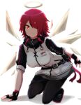  1girl arknights black_pants exusiai_(arknights) hair_over_eyes halo heka=ton one_eye_covered pants red_eyes red_hair shoes wings 