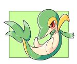  3_fingers ambiguous_gender chaba feet feral fingers green_background green_body multicolored_body nintendo pok&eacute;mon pok&eacute;mon_(species) red_eyes simple_background smile smirk snivy solo two_tone_body video_games white_background white_body 