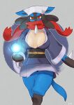  absurd_res anthro asian_clothing breasts buta99 clothed clothing digital_media_(artwork) female hi_res looking_at_viewer lucario mammal nintendo pok&eacute;mon pok&eacute;mon_(species) red_eyes scarf shaded simple_background solo video_games 