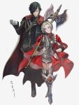  1boy 1girl armor armored_boots bangs black_cape black_coat black_gloves black_hair black_pants blonde_hair boots cape coat edelgard_von_hresvelg fire_emblem fire_emblem:_three_houses full_body gloves hair_over_one_eye hair_up halberd hand_up highres holding holding_polearm holding_weapon hubert_von_vestra looking_at_another pants parted_bangs polearm purple_eyes red_cape simple_background suikomu_now thigh_boots thighhighs translated twitter_username weapon white_background white_gloves yellow_eyes 
