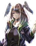  absurdres black_bodysuit black_choker black_jacket blue_eyes bodysuit breasts brown_hair choker eunie_(xenoblade) full_body godcastetlnoa head_wings highres jacket large_breasts open_clothes open_jacket shoes sneakers xenoblade_chronicles_(series) xenoblade_chronicles_3 