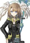  1girl bangs black_bodysuit black_choker black_jacket blue_eyes bodysuit breast_pocket breasts choker cleavage closed_mouth collarbone covered_navel cropped_jacket drawstring eunie_(xenoblade) eyebrows_visible_through_hair feathered_wings frown hair_between_eyes head_wings highres jacket large_breasts light_brown_hair long_hair long_sleeves open_clothes open_jacket pocket russell_rasseru simple_background solo staff twitter_username v-shaped_eyebrows white_background white_wings wings xenoblade_chronicles_(series) xenoblade_chronicles_3 