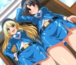  2girls absurdres alternate_costume atago_(kancolle) belt black_hair blonde_hair blue_headwear blue_jacket blue_necktie blue_skirt blush breasts door eyebrows_visible_through_hair from_below green_eyes hair_between_eyes hat hay highres jacket kantai_collection large_breasts long_hair long_sleeves looking_at_another looking_down miniskirt multiple_girls necktie open_mouth panties red_eyes shirt short_hair skirt standing takao_(kancolle) underwear uniform white_shirt zanntetu 