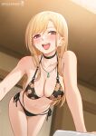  1girl :d bikini black_bikini blonde_hair blush breasts choker cleavage ear_piercing earrings floral_print highres jewelry kitagawa_marin long_hair navel necklace piercing purple_eyes smile solo sono_bisque_doll_wa_koi_wo_suru swimsuit teeth wox 