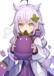  1girl blush braid eggplant green_eyes hair_ornament long_sleeves minae_kako mokuroku object_hug pale_skin purple_hair rk_(rktorinegi) stuffed_toy twin_braids virtual_youtuber 