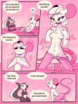  ambiguous_gender anthro bed breasts clothed clothing comic conditional_dnp duo evelyn_(whygena) female furniture hi_res kobold mammal mouse murid murine nude pajamas pillow reggie_(whygena) rodent teasing text topless transformation whygena 