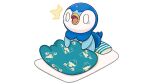  0_0 ^^^ commentary_request futon no_humans official_art open_mouth pillow piplup pokemon pokemon_(creature) project_pochama solo tongue under_covers waking_up white_background 