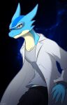  anthro blue_body blue_scales bottomwear claws clothed clothing coat giru_(artist) hi_res kobold lab_coat male orange_eyes safety_goggles scales solo standing tan_body tan_scales topwear unknown_character 