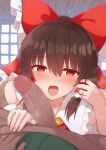  1boy 1girl blush bow brown_hair censored erection eyebrows_visible_through_hair hair_between_eyes hair_bow hair_tubes hakurei_reimu hetero highres imminent_fellatio jewelry looking_at_viewer mosaic_censoring open_mouth penis red_bow red_eyes ring tksand touhou 