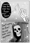  ambiguous_gender animated_skeleton bone border cold comic death_(personification) dialogue english_text greyscale jenny_jinya loving_reaper monochrome skeleton skull snow snowing solo text undead white_border 