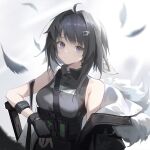  1girl arknights bare_shoulders black_coat black_eyes black_gloves black_hair closed_mouth coat commentary_request feather_hair feathers fur-trimmed_coat fur_trim gloves hair_ornament hairclip highres jacket la_pluma_(arknights) looking_at_viewer open_clothes open_coat pingdiguo 