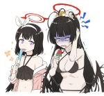  2girls alternate_hairstyle bangs bikini black_bikini black_hair black_wings blue_archive blunt_bangs bow brain_freeze drooling flower food frilled_bikini frills gloom_(expression) hair_bow hair_flower hair_ornament hairband halo holding holding_food jacket jacket_over_swimsuit long_hair looking_at_another low_wings mashiro_(blue_archive) mouth_drool multiple_girls official_alternate_costume open_clothes open_jacket ponytail popsicle purple_eyes rokukyugo simple_background sweat swimsuit tearing_up tsurugi_(blue_archive) upper_body watermelon_bar wavy_mouth white_background wings 