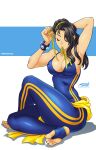  1girl adjusting_hair arm_up armpits breasts chun-li cleavage closed_eyes covered_nipples darkereve hair_ribbon highres mouth_hold official_alternate_costume ribbon sitting smile solo street_fighter street_fighter_zero_(series) studded_bracelet toes unitard wariza yellow_ribbon 