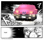  blue_eyes car densha_de_d drifting ground_vehicle highres kirby kirby_(series) kirby_and_the_forgotten_land motor_vehicle multi-track_drifting oatmegaplus profanity sound_effects sweat sweating_profusely twitter_username 