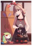  1girl absurdres apron bangs bare_arms berry_(pokemon) black_gloves brown_eyes brown_hair character_print closed_mouth collarbone commentary_request cooking eyelashes fingerless_gloves gloves hairband highres holding kirlia may_(pokemon) medium_hair oran_berry pokemon pokemon_(creature) pokemon_(game) pokemon_oras red_hairband red_shirt rotom rotom_(frost) shirt sitrus_berry sleeveless sleeveless_shirt smile snorlax table ziranyuan 