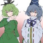  2girls bangs black_headwear blood blood_on_clothes blood_on_face blue_headwear closed_mouth cross-laced_clothes dress eyebrows_visible_through_hair fe_(tetsu) gradient gradient_background green_dress green_eyes green_hair grey_eyes grey_hair grin hat japanese_clothes kariginu long_hair looking_at_another mononobe_no_futo multiple_girls pom_pom_(clothes) ponytail ribbon-trimmed_sleeves ribbon_trim short_hair smile soga_no_tojiko tate_eboshi touhou turtleneck wide_sleeves 