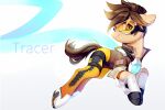  3:2 alternate_species blizzard_entertainment brown_hair clothing crossover ear_piercing ear_ring earth_pony english_text equid equine eyewear female feral goggles hair hasbro horse looking_at_viewer mammal my_little_pony overwatch piercing ponification pony rosycanvas simple_background smile solo text tracer_(overwatch) video_games 