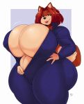 anthro big_breasts breasts canid canine canis domestic_dog female fiffer hi_res huge_breasts mama_maria mammal mature_female nipple_outline thick_thighs unzipped_bodysuit unzipping 