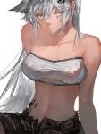  1girl arknights bare_shoulders breasts chinese_commentary cleavage closed_mouth collarbone commentary_request grey_eyes highres lack_shorts lappland_(arknights) long_hair medium_breasts naijiaer navel oripathy_lesion_(arknights) scar scar_across_eye short_shorts shorts silver_hair simple_background sitting solo stomach strapless tube_top very_long_hair white_background 