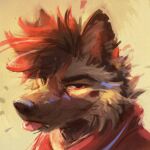  1:1 2021 abstract_background anthro black_nose blep brown_body brown_fur brown_hair canid canine clothing digital_media_(artwork) digital_painting_(artwork) fangs frown fur hair headshot_portrait hi_res hoodie latrans male mammal narrowed_eyes pink_tongue portrait red_clothing red_eyes red_hair red_hoodie red_topwear simple_background solo tongue tongue_out topwear yellow_background 