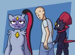  angry anthro bald black_body black_fur blurred_foreground butt clothed clothing distracted_boyfriend eyebrows faceless_character faceless_human female fur group hand_holding human jealous looking_at_viewer looking_back male male/female mammal meme naughtysableye nintendo open_mouth pok&eacute;mon pok&eacute;mon_(species) purple_body purple_fur raised_eyebrows simple_background sneasler video_games weavile 