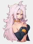  1girl android_21 bare_shoulders black_nails bracelet breasts choker cleavage collarbone dragon_ball dragon_ball_fighterz earrings fingernails grey_background hair_between_eyes hoop_earrings jewelry kemachiku long_hair looking_at_viewer majin_android_21 medium_breasts nail_polish pink_hair red_eyes simple_background solo upper_body yellow_choker 