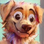 2021 abstract_background ambiguous_gender anthro black_nose canid canine canis digital_media_(artwork) digital_painting_(artwork) domestic_dog fangs fur googly_eyes happy headshot_portrait hi_res latrans mammal portrait smile solo tan_body tan_fur yellow_body yellow_fur 