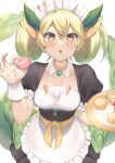  1girl apron bangs black_dress blush breasts collarbone detached_collar dragon_girl dragon_horns dragon_tail dress duel_monster food green_hair green_horns highres horns long_hair looking_at_viewer macaron maid_headdress medium_breasts open_mouth parlor_dragonmaid pinta_(ayashii_bochi) puffy_short_sleeves puffy_sleeves short_sleeves solo tail thighs tray white_apron yellow_eyes yu-gi-oh! 