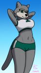  anthro baxter_bearcat big_breasts binturong breasts clothed clothing female hi_res lonnyk mammal mascot midriff navel school solo standing university viverrid 