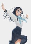  1girl akebi-chan_no_serafuku akebi_komichi bangs black_hair black_sailor_collar black_skirt blue_eyes blue_neckerchief eyebrows_visible_through_hair highres long_hair long_sleeves looking_at_viewer murakami_suigun neckerchief outstretched_arms pleated_skirt roubai_academy_school_uniform_(old) sailor_collar school_uniform serafuku shirt skirt smile solo spread_arms standing white_shirt 