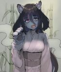  1girl animal_ear_fluff animal_ears animal_hands bamboo bangs black_hair chamame commentary_request eyebrows_visible_through_hair fangs fur-trimmed_sleeves fur_trim hair_between_eyes hand_up japanese_clothes kimono long_hair looking_at_viewer obi open_mouth partial_commentary red_eyes sash sidelocks solo standing tiger_ears tiger_paws tongue twitter_username upper_body yamada_tae zombie_land_saga 