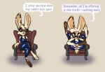  2022 anthro anus chair clothing dascarl dialogue english_text eyewear female furniture genitals glasses hi_res lagomorph latex leporid looking_up mammal presenting presenting_pussy pussy rabbit simple_background sitting smile solo text the_matrix torn_clothing 