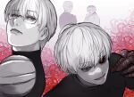  4boys absurdres arima_kishou armor bangs black_sclera character_name colored_sclera commentary_request eyebrows_visible_through_hair flower glasses hand_up heterochromia highres kaneki_ken looking_at_viewer male_focus multicolored_hair multiple_boys portrait red_background red_eyes red_flower sasaki_haise shirt short_hair shoulder_armor smile stfr_(stfr_kaz) tokyo_ghoul two-tone_hair white_background 