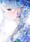  1girl absurdres bangs blue_eyes blue_flower blush braid braided_ponytail bubble earrings eyebrows_visible_through_hair flower hair_flower hair_ornament highres hydrangea jewelry long_hair original rain simple_background syana_alice 