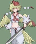  1girl bangs bird_wings blonde_hair closed_mouth cosplay detached_sleeves eyebrows_visible_through_hair fe_(tetsu) green_background hat highres holding holding_sword holding_weapon inubashiri_momiji inubashiri_momiji_(cosplay) looking_at_viewer multicolored_hair navel niwatari_kutaka pants pom_pom_(clothes) red_eyes red_hair red_headwear ribbon-trimmed_sleeves ribbon_trim shirt simple_background solo standing sword tail_feathers tokin_hat touhou two-tone_hair weapon white_pants white_shirt wide_sleeves wings yellow_wings 