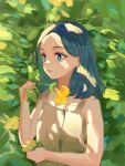  1girl absurdres bare_arms bare_shoulders blue_eyes blue_hair brown_dress dress flower forehead hand_up highres holding holding_flower looking_away original parted_lips sleeveless sleeveless_dress solo wang_man yellow_flower 