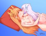  2girls ass ass_grab blue_background blush breasts closed_eyes collarbone dragon_girl dragon_horns eyebrows_visible_through_hair horns kanna_kamui kiss kobayashi-san_chi_no_maidragon large_breasts long_hair multiple_girls nude orange_hair pillow shiny shiny_hair shiny_skin simple_background small_breasts tohru_(maidragon) user_phxv8525 yuri 