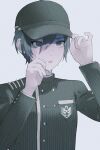  1boy ahoge bangs black_hair black_headwear breast_pocket brown_eyes buttons danganronpa_(series) danganronpa_v3:_killing_harmony double-breasted grey_background hair_between_eyes hands_up jacket long_sleeves male_focus pocket saihara_shuuichi short_hair simple_background solo striped striped_jacket tearing_up unmyeong upper_body 