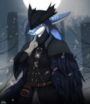  anthro belt belt_pouch bloodborne blue_body blue_eyes blue_hair blue_skin bottomwear breasts clothed clothing cloud coat fanny_pack female fish fromsoftware full_moon fully_clothed giru_(artist) gloves glowing glowing_jewelry glowing_pendant grey_hair hair handwear hat headgear headwear hi_res jewelry looking_at_viewer marine markings moon necklace petals plant scarf shark shush solo sony_corporation sony_interactive_entertainment strap_between_breasts topwear tree unknown_character video_games white_body white_skin 