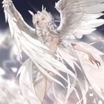  1girl absurdres bird_wings breasts feathered_wings from_below grey_eyes highres jung_wonjo looking_to_the_side medium_breasts original parted_lips signature solo talons underboob white_hair wings 